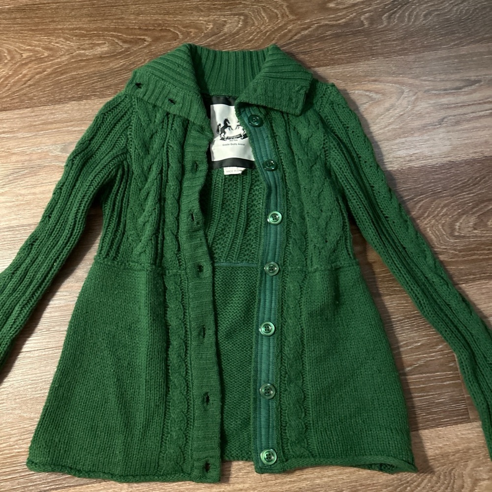 Green Cable-Knit Button-Up Women's Sweater Cardigan